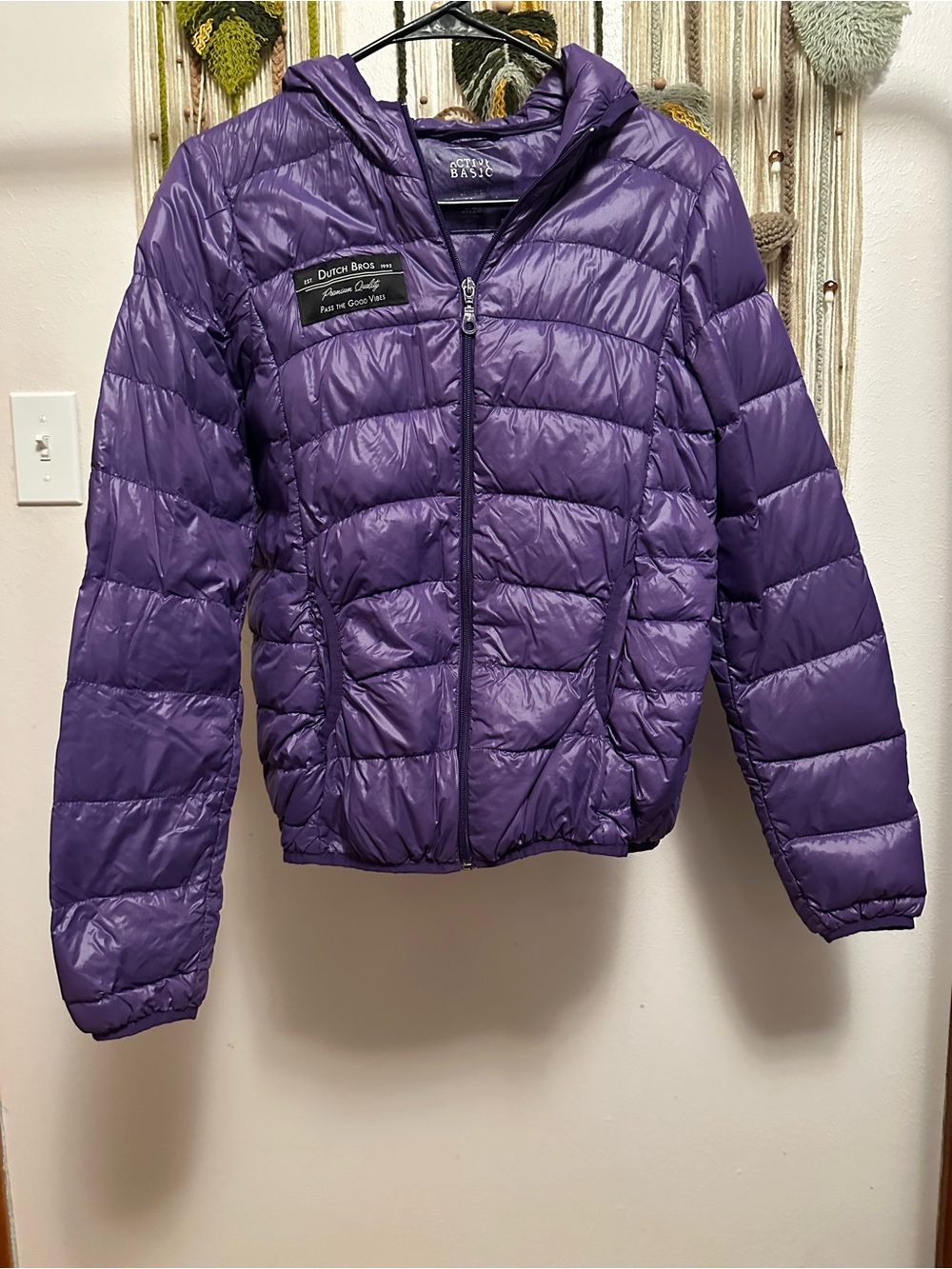 Dutch Bros purple puffer jacket